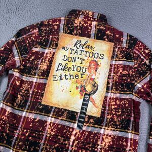 Angry Minnow Flannel Shirt Mens Large Red Plaid Acid Wash Tattoos Girl NEW